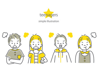 Obraz na płótnie Canvas シンプルでおしゃれな線画の10代の子供たち4人の表情別イラスト素材セット　怒る