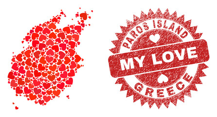 Vector mosaic Paros Island map of love heart items and grunge My Love badge. Mosaic geographic Paros Island map constructed with lovely hearts.