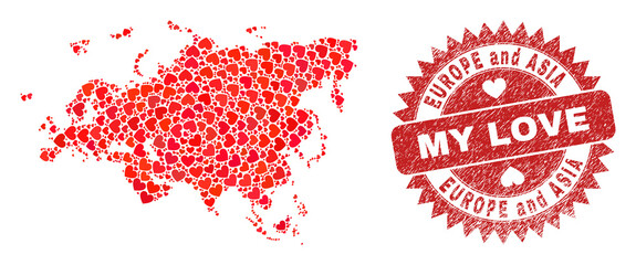 Vector mosaic Europe and Asia map of valentine heart items and grunge My Love seal. Mosaic geographic Europe and Asia map created with valentine hearts.
