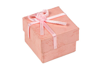 Single pink gift box with pink ribbon on white background