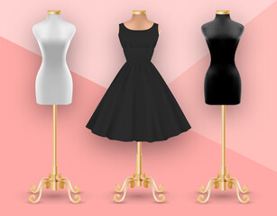 Set of mannequins. Black womens dress mockup on beige mannequin. Clothes realistic 3d mock up.