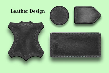 Set of leather labels different shape. Black Round and Rectangular Leather tag for clothes isolated on a light background in vintage style.
