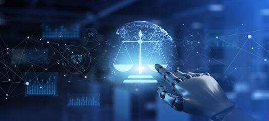 Labor Law Lawyer advocate legal advice. Robotic arm pressing button. 3d rendering.