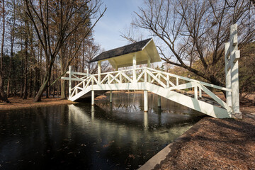 Brown colors landscape with white, wooden foot bridge