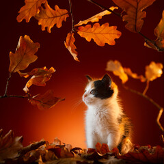 Small tricolor kitten walks in the autumn forest created in the studio