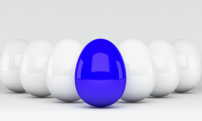 3D rendering. Blue leader egg leading whites. Leadership and success concept