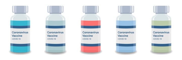 Set of vials or bottles with coronavirus vaccine on white background. Vector ampules, different color liquid medicine, label.