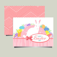 Happy Easter postcard with white rabbit and colored eggs