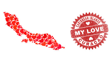 Vector collage Curacao Island map of lovely heart elements and grunge My Love stamp. Collage geographic Curacao Island map designed with lovely hearts.