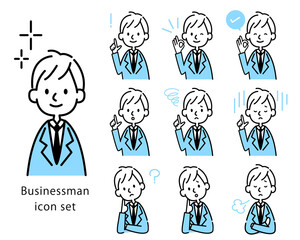 仕事をする男性のアイコンセット　ベクター素材　ブルー