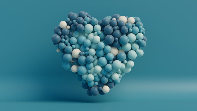 Multicolored Balloon Love Heart. Blue, Cyan and White Balloons arranged in a heart shape. 3D Render 