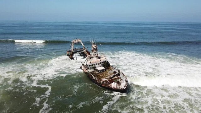 Flight over a ship wreck along skeleton coast in Namibia
