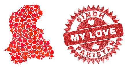 Vector mosaic Sindh Province map of valentine heart elements and grunge My Love badge. Mosaic geographic Sindh Province map created with valentine hearts.