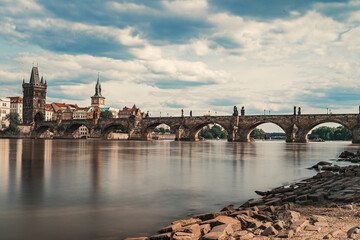 Charles Bridge in Prague at sunset long exposure