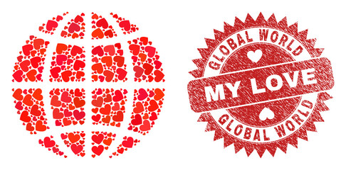 Vector mosaic planet globe of valentine heart elements and grunge My Love stamp. Mosaic geographic planet globe constructed using valentine hearts.