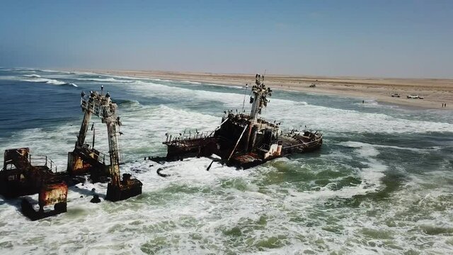 Flight over a ship wreck along skeleton coast in Namibia