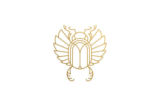 Golden egyptian scarab silhouette linear vector illustration.