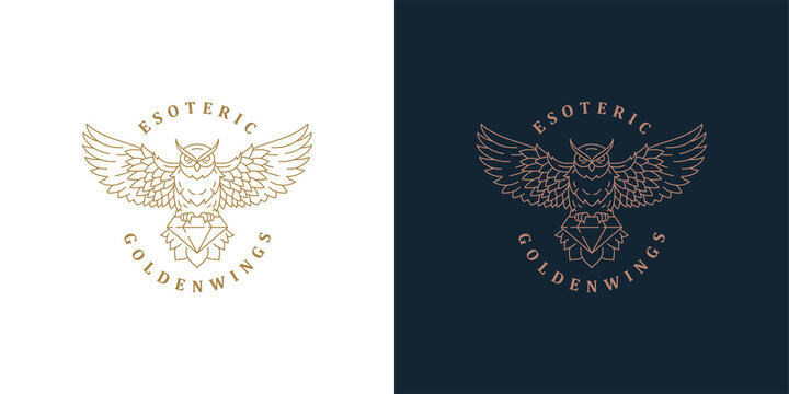 Flying owl with diamond logo template linear vector illustration