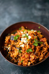 Bulgur wheat tagine with aubergine and cashew nuts