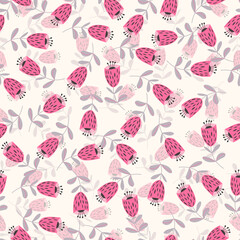 Seamless floral pattern based on traditional folk art ornaments. Colorful flowers on light background. Scandinavian style. Sweden nordic style. Vector illustration. Simple minimalistic pattern.