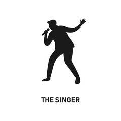 Fototapeta na wymiar Man singing with mic silhouette. Standing man performing a song icon sign or symbol. Karaoke logo. Guy and microphone. Band vocalist. Voice festival entertainment. Musician black vector illustration.