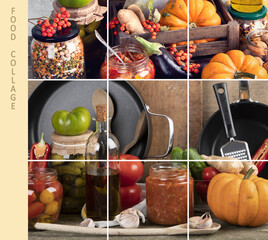 Collage of autumn seasonal vegetables and  fruits. Homemade harvest storage.