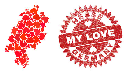 Vector mosaic Hesse Land map of lovely heart items and grunge My Love badge. Mosaic geographic Hesse Land map designed with lovely hearts.