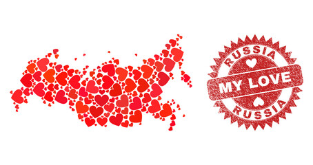 Vector collage Russia map of love heart elements and grunge My Love seal. Collage geographic Russia map created with love hearts. Red rosette watermark with unclean rubber texture and my love word.