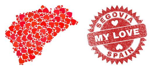 Vector collage Segovia Province map of lovely heart items and grunge My Love badge. Collage geographic Segovia Province map constructed with love hearts.