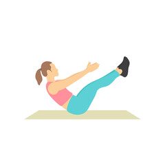 Woman doing sit up. Girl workout at home. Gymnastics sport activity. Exercise training. Yoga meditation. Women sportswear. Slim and fit body. Human health. Healthy flat vector character illustration.