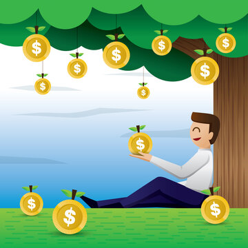 Passive income illustration Vector. The man makes a profit by easy way. 
