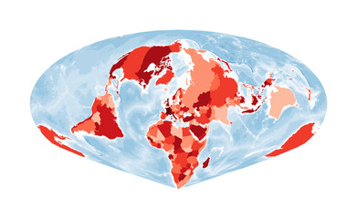 World Map. Allen K. Philbrick's Sinu-Mollweide projection. World in red colors with blue ocean. Vector illustration.