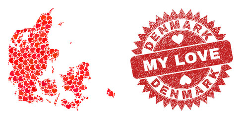 Vector collage Denmark map of love heart items and grunge My Love badge. Collage geographic Denmark map created with valentine hearts. Red rosette badge with grunge rubber texture and my love text.