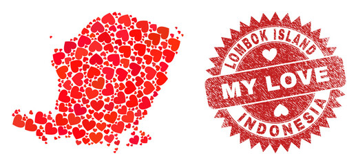 Vector collage Lombok Island map of love heart items and grunge My Love seal stamp. Mosaic geographic Lombok Island map constructed using lovely hearts.