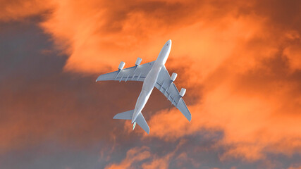 Fototapeta na wymiar Ultra wide panoramic ground zoom photo of passenger airplane flying above at sunset with beautiful orange sky and clouds