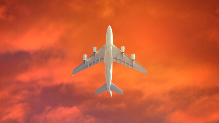 Fototapeta na wymiar Ultra wide panoramic ground zoom photo of passenger airplane flying above at sunset with beautiful orange sky and clouds