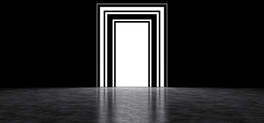 Glowing portal surrounded by glowing frame in dark space. Glowing screen, framed by a frame of stripes, 3D illustration