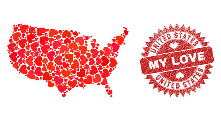 Vector mosaic United States map of love heart elements and grunge My Love stamp. Mosaic geographic United States map constructed using love hearts.