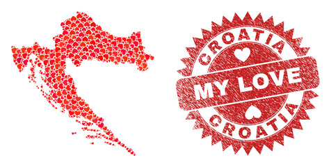 Vector collage Croatia map of valentine heart items and grunge My Love stamp. Mosaic geographic Croatia map created with lovely hearts. Red rosette stamp with corroded rubber texture and my love tag.