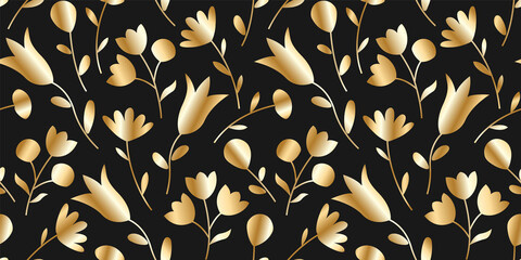 Vector gold and black seamless pattern with hand drawn flowers and tulips. Beautiful floral background. Modern gold glitter texture.