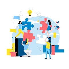 Team work, team building, corporate organization, partnership, problem solving, innovative business approach, brainstorming, unique ideas and skills, people with puzzle pieces flat vector illustration