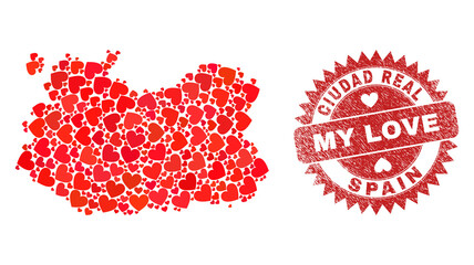 Vector mosaic Ciudad Real Province map of valentine heart elements and grunge My Love badge. Mosaic geographic Ciudad Real Province map created with love hearts.
