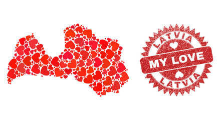 Vector mosaic Latvia map of love heart items and grunge My Love seal stamp. Mosaic geographic Latvia map created with valentine hearts.