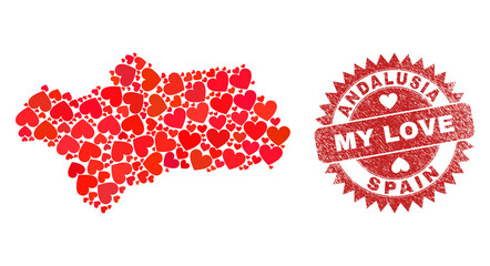 Vector collage Andalusia Province map of valentine heart elements and grunge My Love seal. Mosaic geographic Andalusia Province map created with love hearts.