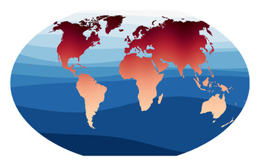 World Map Vector. Winkel tripel projection. World in red orange gradient on deep blue ocean waves. Modern vector illustration.
