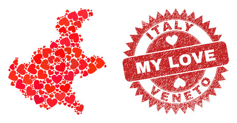 Vector collage Veneto region map of valentine heart elements and grunge My Love stamp. Collage geographic Veneto region map created with valentine hearts.