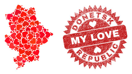 Vector mosaic Donetsk Republic map of lovely heart elements and grunge My Love badge. Mosaic geographic Donetsk Republic map created using valentine hearts.