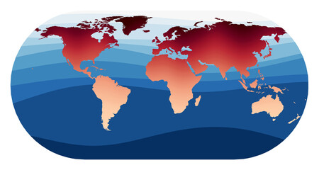 World Map Vector. Eckert III projection. World in red orange gradient on deep blue ocean waves. Artistic vector illustration.