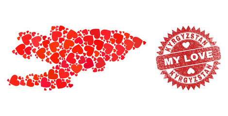 Vector collage Kyrgyzstan map of lovely heart items and grunge My Love badge. Collage geographic Kyrgyzstan map created with lovely hearts.