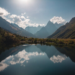 Caucasus, Dombay, a mountain lake tumanly-Kel with reflection of the mountains in Sunny weather